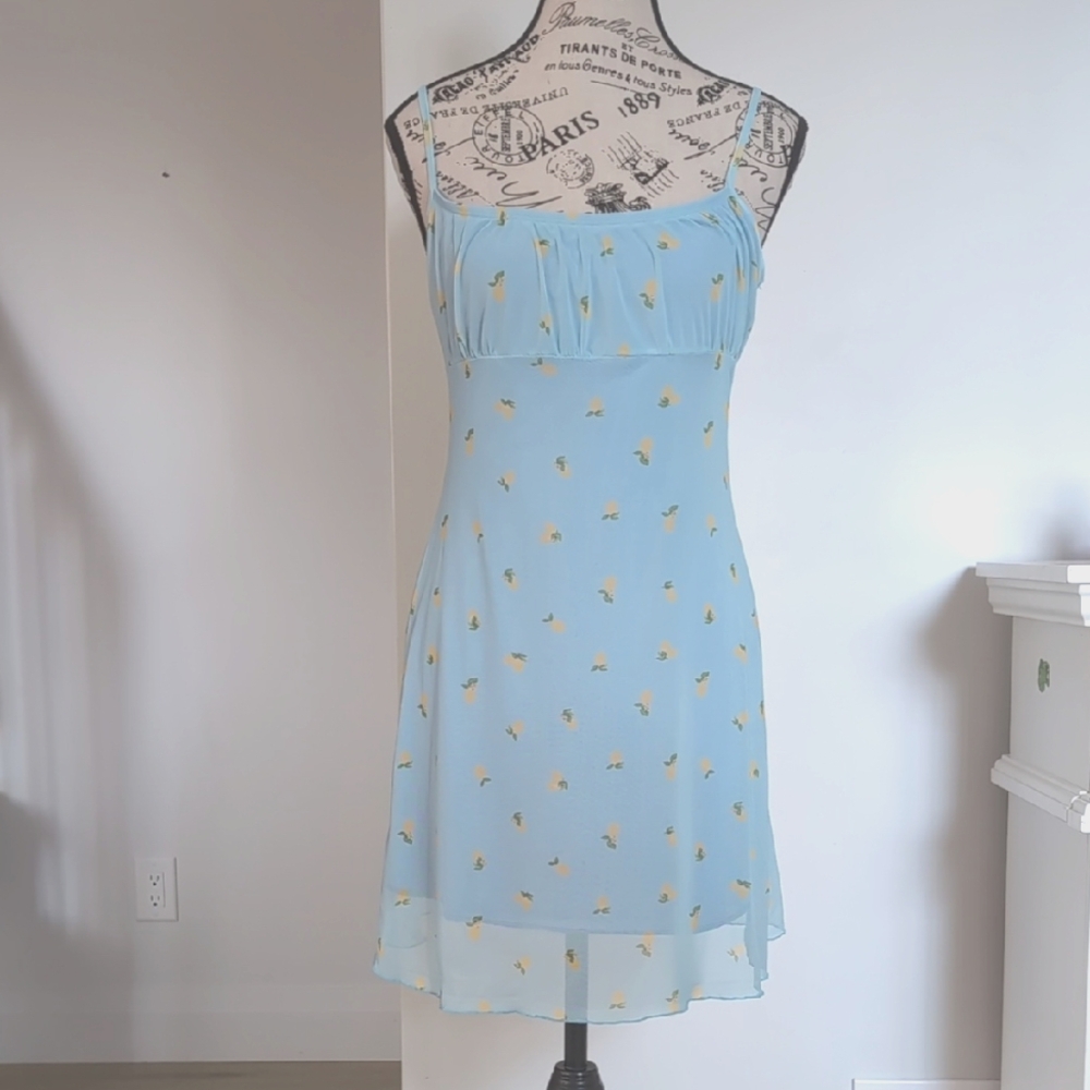 SEE YOU MONDAY | Women's Light Blue Lemon Print Mesh Ruched Mini Dress